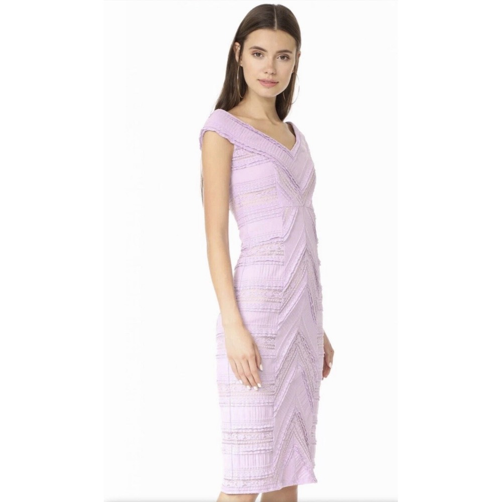 Cinq a Sept Sz 8 Adeline Lace Overlay Lavender Midi Ruffle Sheath Dress Bodycon